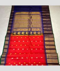 Red and Blue color gadwal pattu handloom saree with all over buties with kanchi kuthu temple kothakomma borders design -GDWP0001591