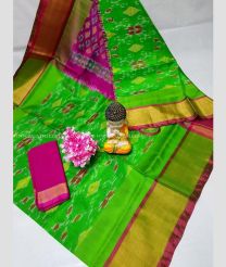 Green and Magenta color uppada pattu handloom saree with all over pochampally design -UPDP0021199