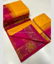 Mango Yellow and Pink color Tripura Silk handloom saree with plain and thread woven lines with pochampally border design -TRPP0008020