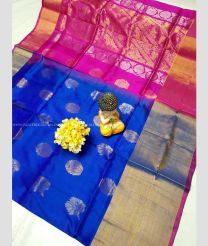 Royal Blue and Pink color uppada pattu handloom saree with all over buties and checks with kaddi border design -UPDP0021175