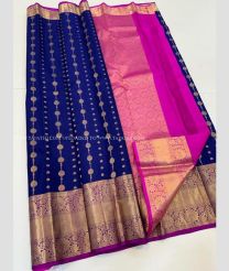 Navy Blue and Neon Pink color kanchi pattu handloom saree with all over sequence buties and kanchi border design -KANP0013296