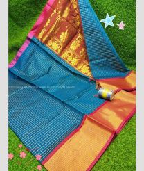 Blue and Pink color Chenderi silk handloom saree with all over checks with big border design -CNDP0015853