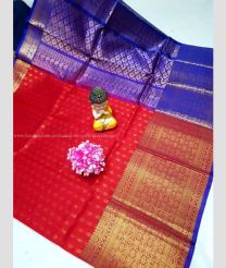 Red and Blue color kuppadam pattu handloom saree with all over buties with kanchi border design -KUPP0096721