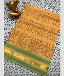 Lite Orange and Parrot Green color mangalagiri pattu handloom saree with all over printed design -MAGP0026568