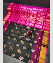 Black and Pink color uppada pattu handloom saree with all over big silver and gold buties design -UPDP0020721