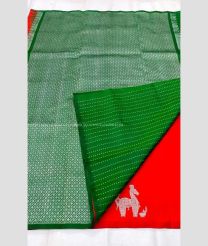 Red and Green color venkatagiri pattu handloom saree with all over big silver buties design -VAGP0000719