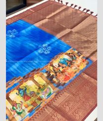 Blue and Dull Brown color Banarasi sarees with all over the body with zari work and majestic contrast kalamakri designe print -BANS0018761