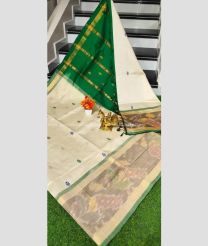White and Dark Green color Tripura Silk handloom saree with all over nakshtra buties with big pochampally border design -TRPP0007977