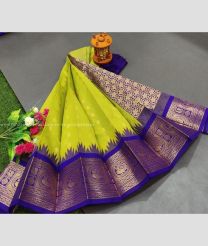 Acid Green and Blue color Chenderi silk handloom saree with all over buties with temple and kanchi border design -CNDP0012870