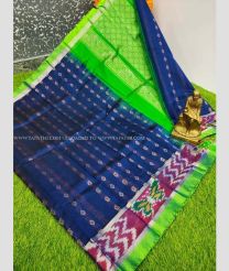 Navy Blue and Parrot Green color Kollam Pattu handloom saree with all over buties and pochampally border design -KOLP0000957