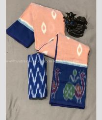 Peach and Navy Blue color linen sarees with all over digital print saree design -LINS0001948
