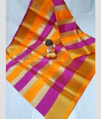 Orange and Pink color Uppada Cotton handloom saree with all over lines design -UPAT0004257