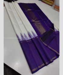 White and Navy Blue color kanchi pattu handloom saree with plain with temple border design -KANP0013222
