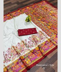 White and Red color silk sarees with all over kalamkari printed design -SILK0017424