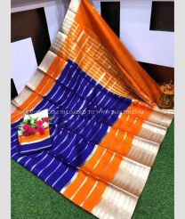 Royal Blue and Orange color Kora handloom saree with all over stripes design -KORS0000131