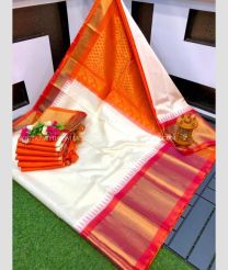 Half White and Orange color kuppadam pattu sarees with temple border design -KUPP0097246