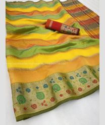 Yellow and Tomato Red color Kora handloom saree with all over lines design -KORS0000138