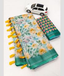 Mango Yellow and Turquoise color linen sarees with all over digital printed with silver jari border design -LINS0003539