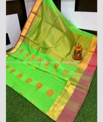 Parrot Green and Lite Red color Chenderi silk handloom saree with all over big buties saree design -CNDP0012127