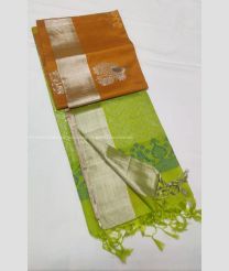 Golden Yellow and Parrot Green color soft silk kanchipuram sarees with all over buties design -KASS0001027