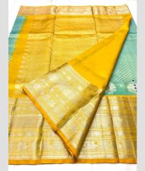 Lite Blue Turquoise and Yellow color venkatagiri pattu handloom saree with all over kalanjali design -VAGP0000858