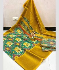 Blue Hosta and Golden Yellow color linen sarees with all over kalamkari printed with kanchi border design -LINS0003740
