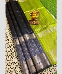 Charcoal Black and Parrot Green color mangalagiri sico handloom saree with all over silver jari checks and buties with kanchi border design -MAGI0000215