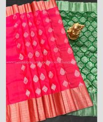 Pink and Pine Green color Uppada Soft Silk handloom saree with all over silver jari weaving buties saree design -UPSF0002037