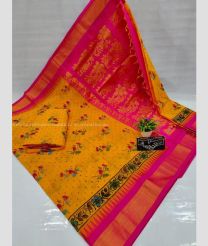 Mango Yellow and Pink color Chenderi silk handloom saree with all over pinted with special temple border design -CNDP0016037