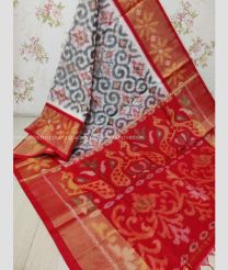 Half White and Red color Ikkat sico handloom saree with pochampalli ikkat design -IKSS0000301