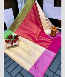 Cream and Deep Pink color Uppada Tissue handloom saree with plain with two sides pattu border design -UPPI0001547