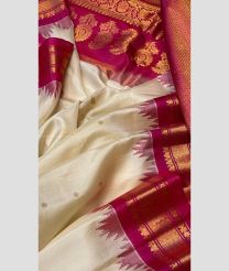 Cream and Magenta color gadwal pattu handloom saree with all over buties with temple kuthu interlock woven and reashampatti on both side borders design -GDWP0000936