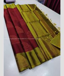 Maroon and Olive color kanchi pattu handloom saree with zari design -KANP0007748