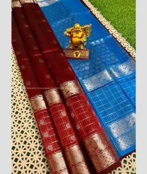 Red and Blue color mangalagiri sico handloom saree with all over silver jari checks and buties with kanchi border design -MAGI0000217
