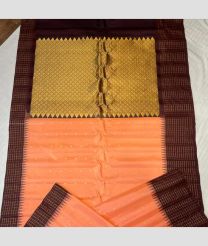 Peach and Chocolate color gadwal pattu handloom saree with all over dual buties with chitki borders design -GDWP0001290