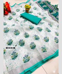 Half White and Turquoise color linen sarees with 3 and 3 silver pure zari patta with kolkata hand table  printed design -LINS0002930