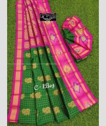 Leafy Green and Pink color Chenderi silk handloom saree with all over checks and buties with pochampally border saree design -CNDP0011576