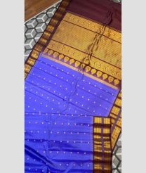 Purple Blue and Chocolate color gadwal pattu handloom saree with all over buties with temple kuthu and patti strip borders design -GDWP0001588