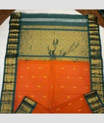 Orange and Teal color gadwal cotton sarees with temple kuthu border design -GAWT0000315
