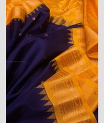 Navy Blue and Mango Yellow color gadwal pattu handloom saree with all over buties with temple kuthu interlock border design -GDWP0001606