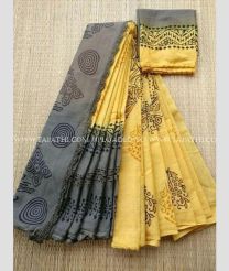 Grey and Lemon Yellow color linen sarees with all over digital printed design -LINS0003711