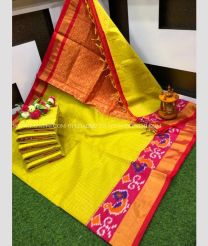 Mustard Yellow and Red color Chenderi silk handloom saree with all over checks and pochampally border design -CNDP0014229
