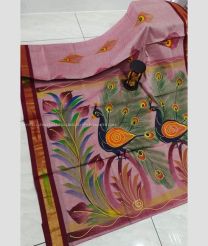 Rose Pink and Maroon color Uppada Cotton handloom saree with all over brush printed design -UPAT0004506