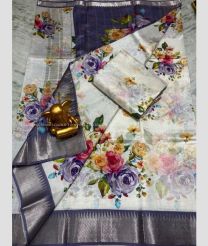 Half White and Bluish Grey color mangalagiri pattu handloom saree with all over digital printed with 150 by 50 jari border design -MAGP0026234