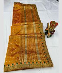 Lite Orange and Golden color silk sarees with vichitra khadi print and border pallu kachi work design -SILK0017483