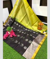 Dark Chocolate and Acid Green color kuppadam pattu handloom saree with all over buttas design -KUPP0097159
