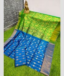 Blue Ivy and Parrot Green color Uppada Tissue handloom saree with all over buties design -UPPI0001591