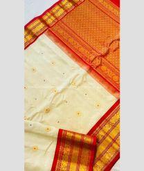 Cream and Red color gadwal pattu handloom saree with meena buta saree design -GDWP0000747