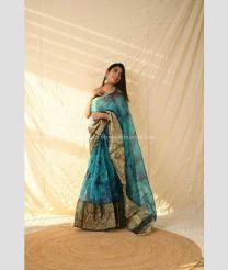 Blue Turquoise and Golden color Organza sarees with all over sequencing weaving work with gold jari big border design -ORGS0003087
