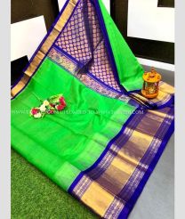 Green and Blue color kuppadam pattu handloom saree with plain with special kanchi pletu temple border design -KUPP0084934